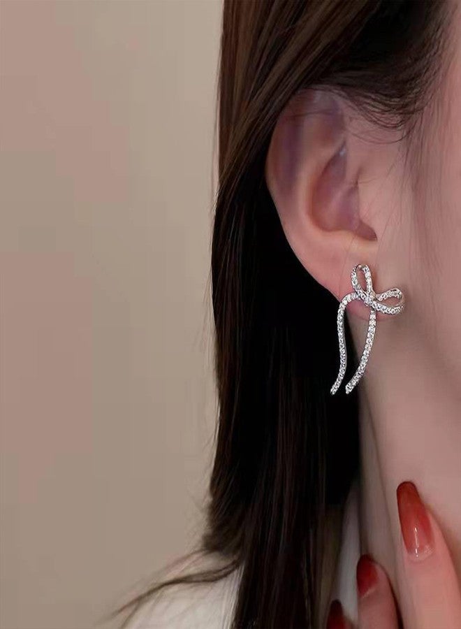 Eviarli Boho Bow Ear Jacket Earrings Crystal Bow Drop Earrings Silver Bow Stud Earrings Two Ways Front Back Earrings Jewelry for Women Gift - Image 5